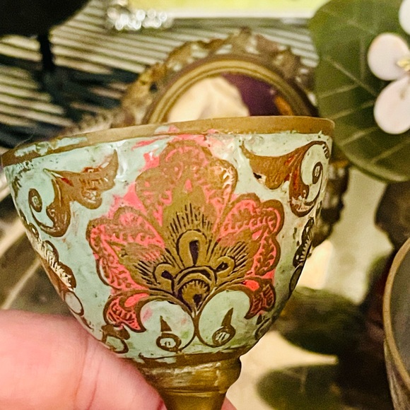 Vintage Estate Two Ornate 4” Etched Brass Mini Goblet Stemmed Toasting Glasses‼️ - Picture 2 of 8